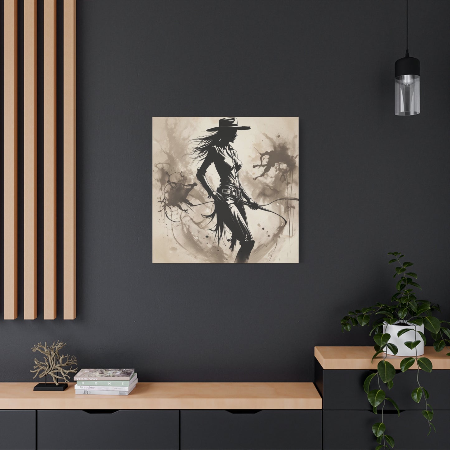 Cowgirl Silhouette Canvas Art – Western Whip Poster on Matte Stretched Canvas