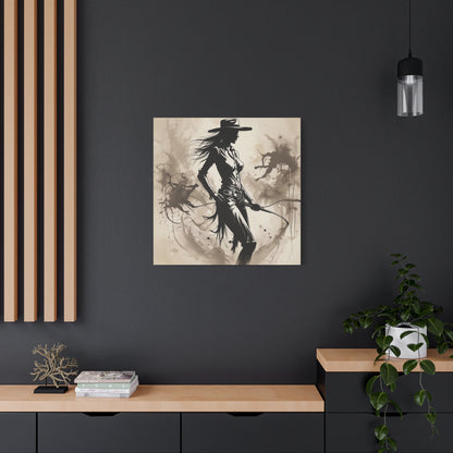 Cowgirl Silhouette Canvas Art – Western Whip Poster on Matte Stretched Canvas