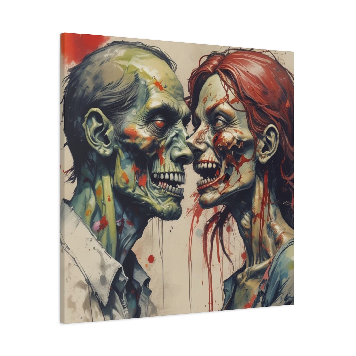 Zombie Couple Matte Canvas Wall Art — Blood-Splattered Horror Portrait