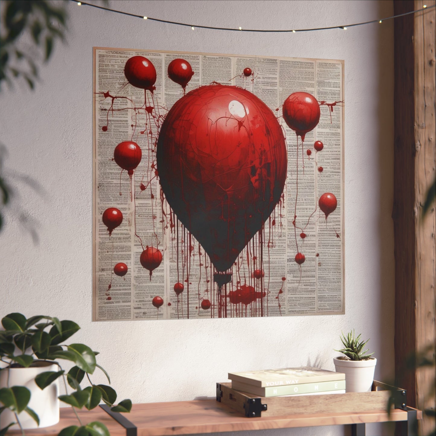 Fine Art Poster — Red Dripping Balloon on Vintage Book Pages