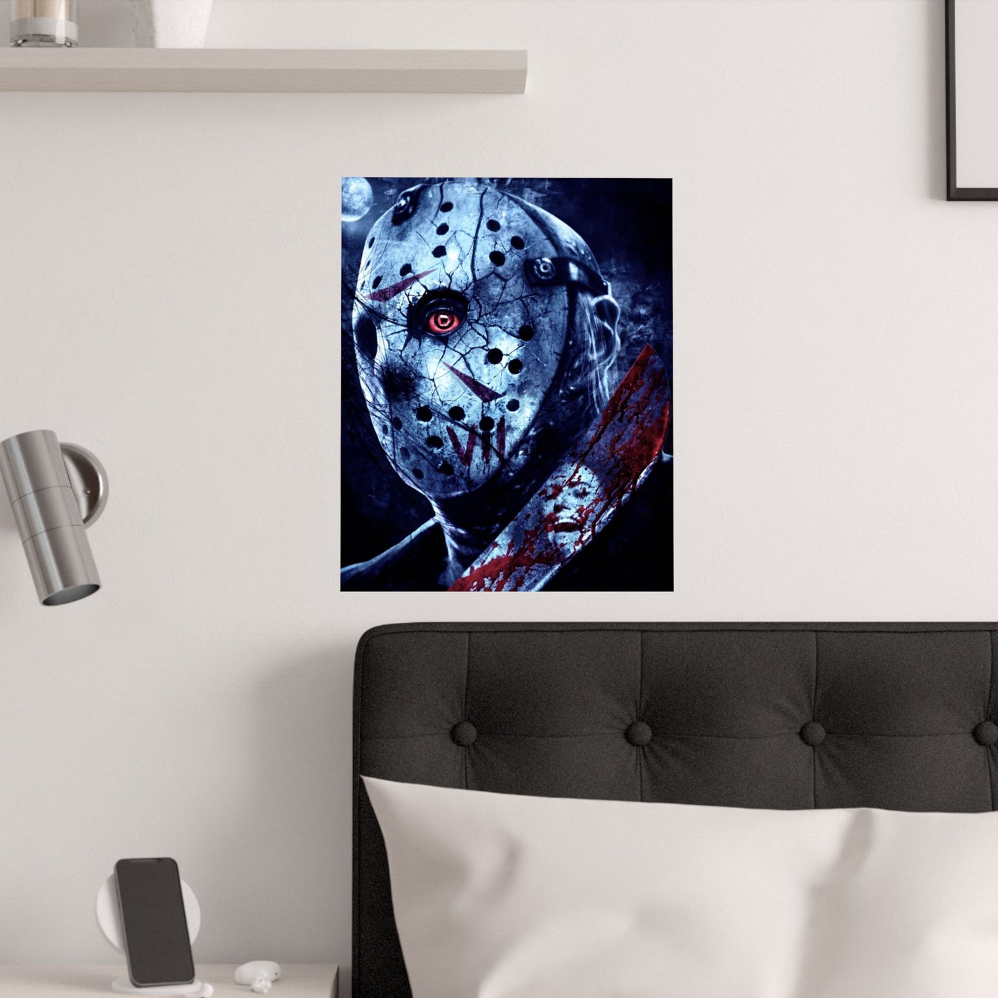 Horror Jason Mask Satin Poster — Bloodied Knife Slasher Wall Art