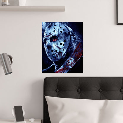 Horror Jason Mask Satin Poster — Bloodied Knife Slasher Wall Art