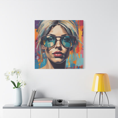 Pop Art Portrait Canvas — Blonde Woman with Blue Sunglasses Matte Stretched Art