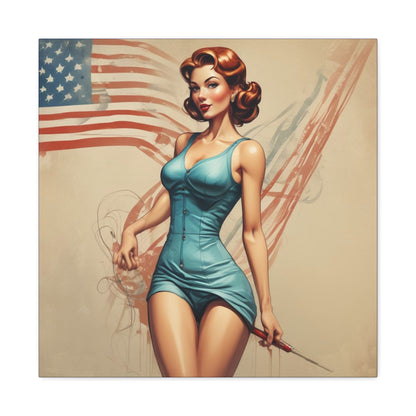 Retro Pin-Up Canvas Wall Art — Vintage American Flag Pinup Matte Stretched 1.25"