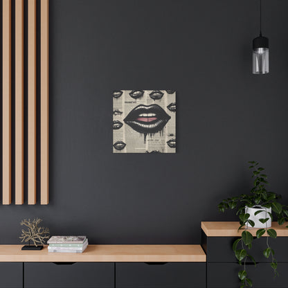 Black Drip Lips Canvas Wall Art — Vintage Newspaper Pop Art