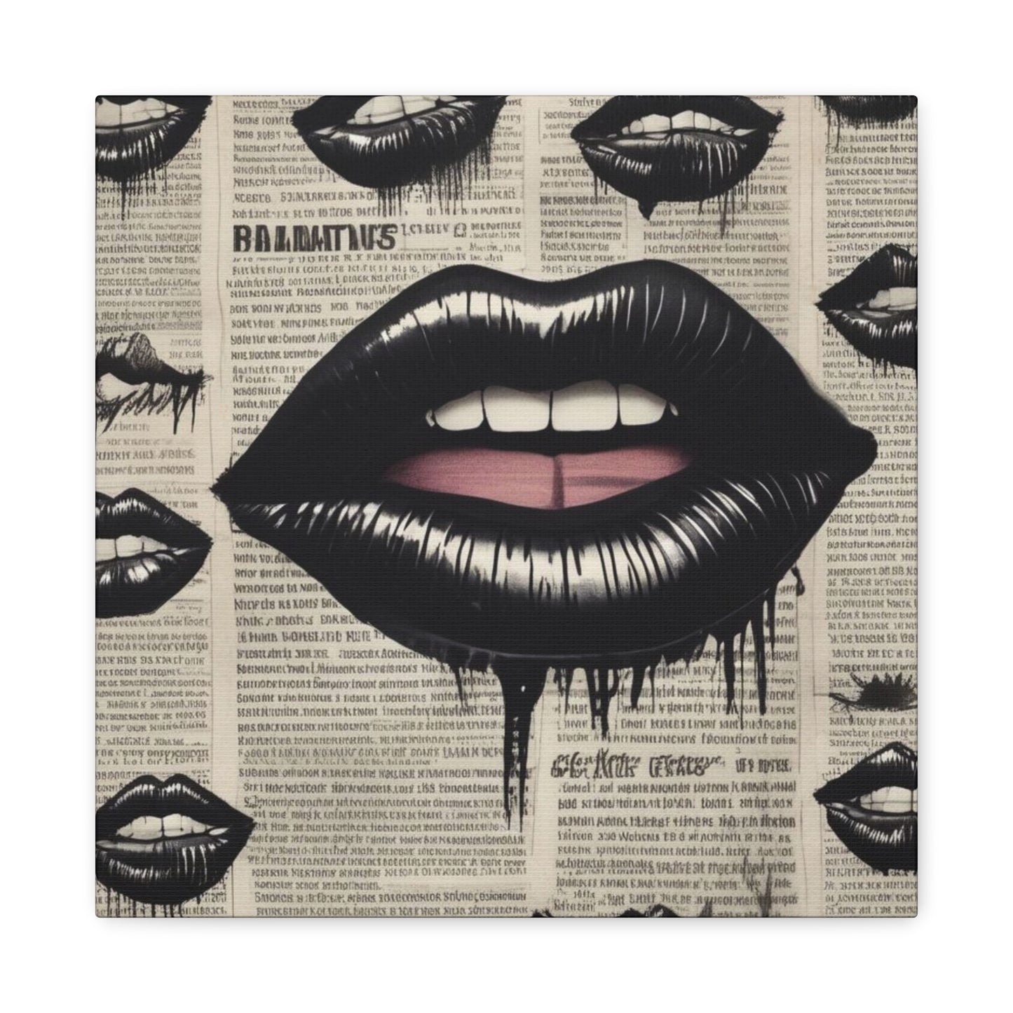 Black Drip Lips Canvas Wall Art — Vintage Newspaper Pop Art