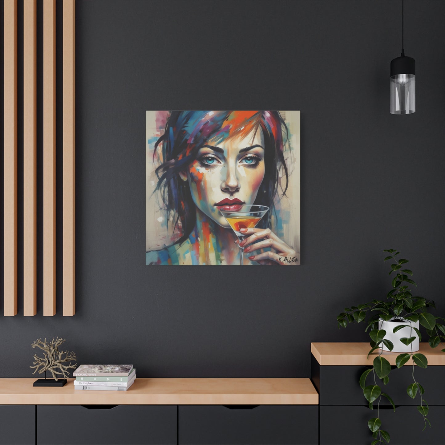 Colorful Femme Portrait Canvas — Martini Woman Stretched Wall Art