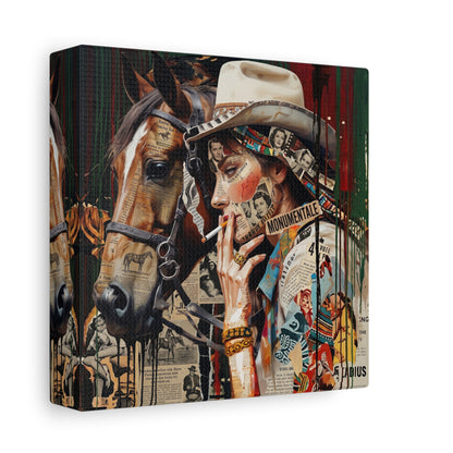 Western Collage Horse & Cowgirl Matte Canvas Wall Art - Stretched 1.25"