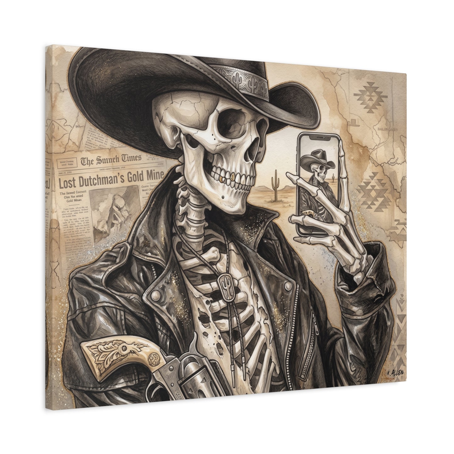 Skeleton Cowboy Canvas Print — Western Skull Selfie Wall Art (Matte Stretched)