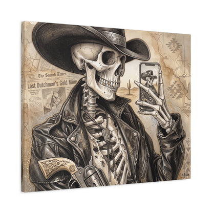 Skeleton Cowboy Canvas Print — Western Skull Selfie Wall Art (Matte Stretched)