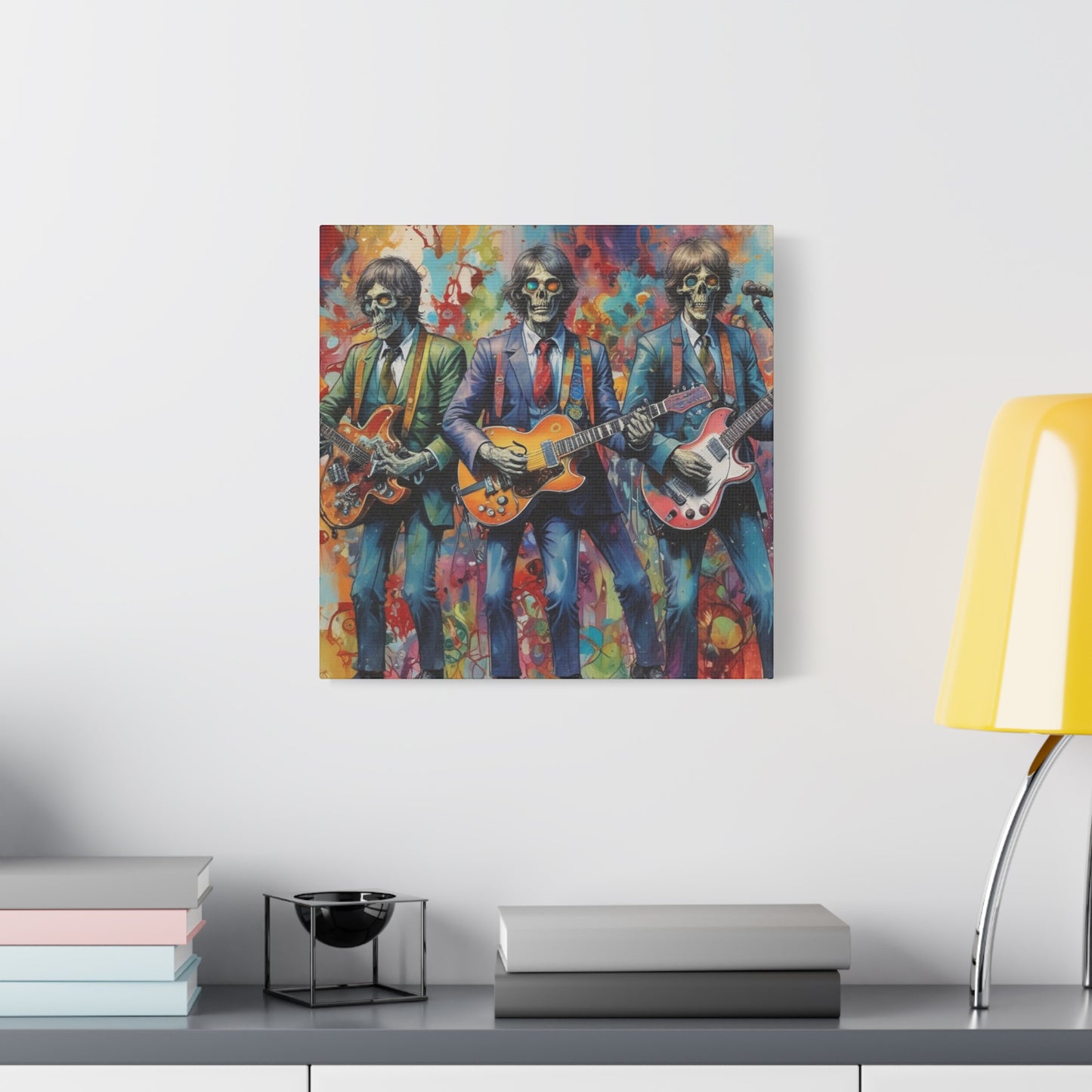 Rock Skeleton Band Canvas Print — Colorful Guitarist Wall Art