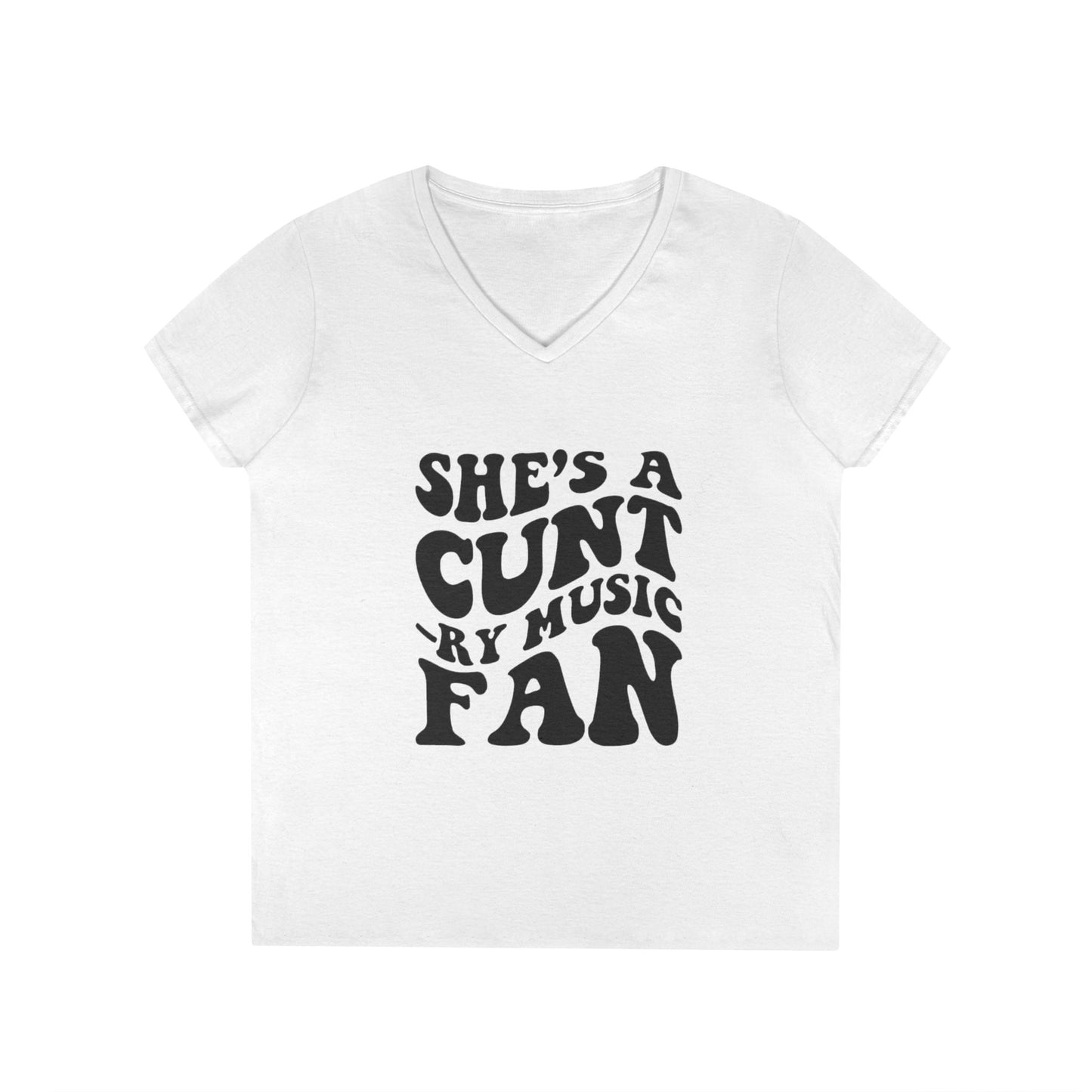V-Neck T-Shirt — "She's a Cuntry Music Fan" Retro Typography Tee