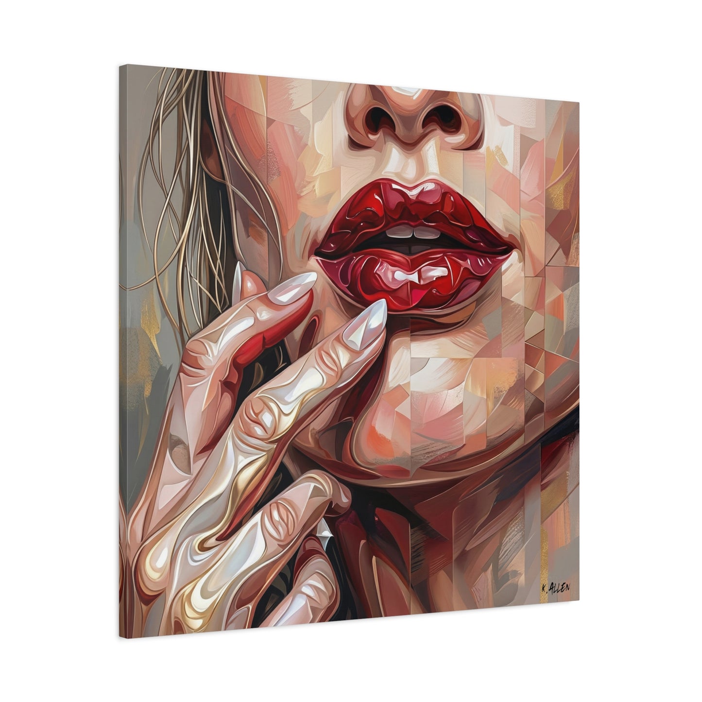 Glam Portrait Canvas Print — Red Lips & Painted Hands Matte Stretched Wall Art