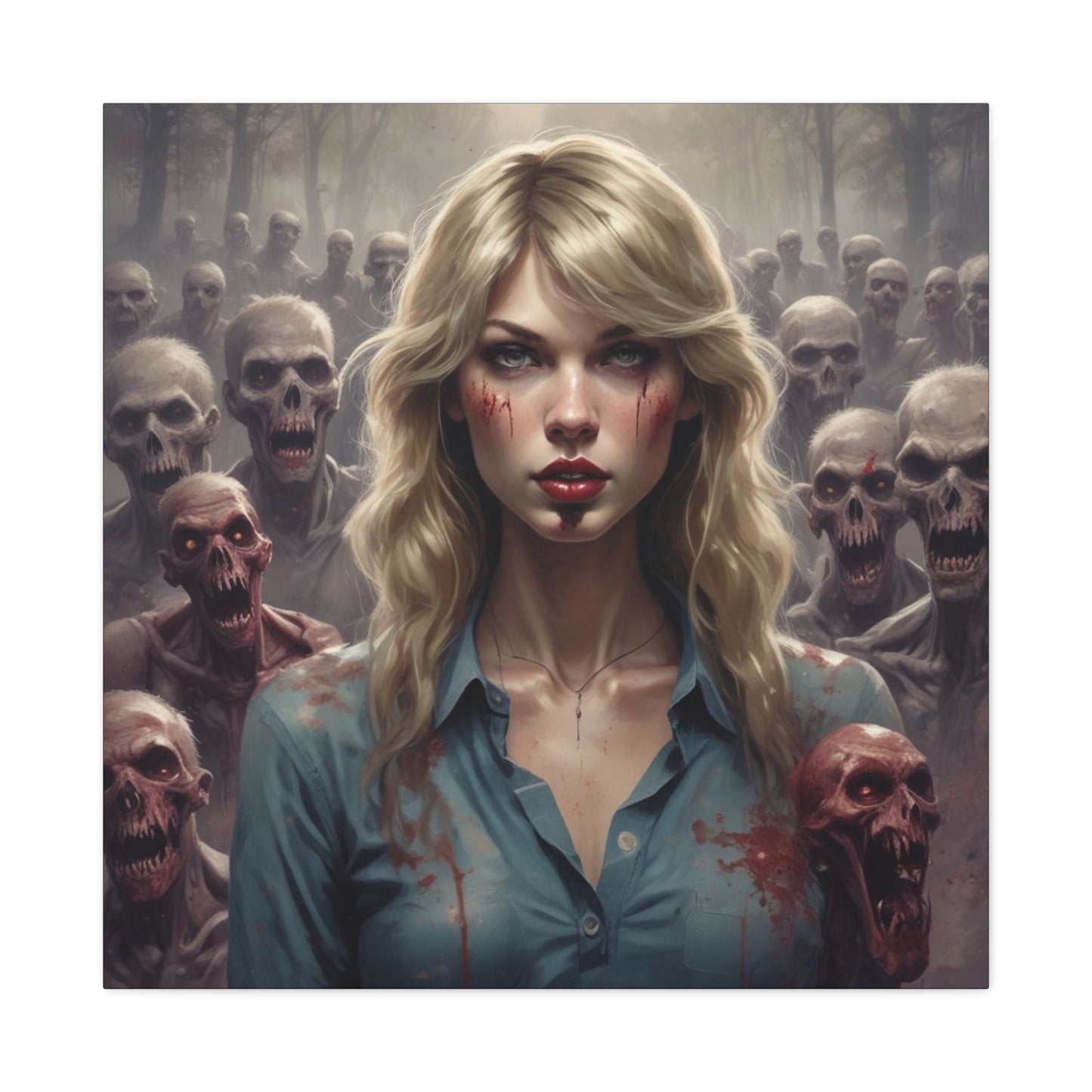 Zombie Swift Matte Canvas Print — Horror Wall Art, Blonde Survivor Surrounded by Undead