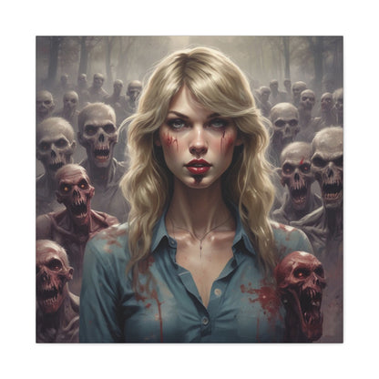Zombie Swift Matte Canvas Print — Horror Wall Art, Blonde Survivor Surrounded by Undead