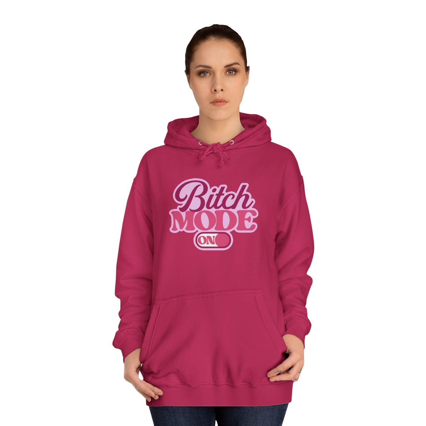 Bitch Mode On Hoodie — Bold Pink Retro Script Graphic Sweatshirt