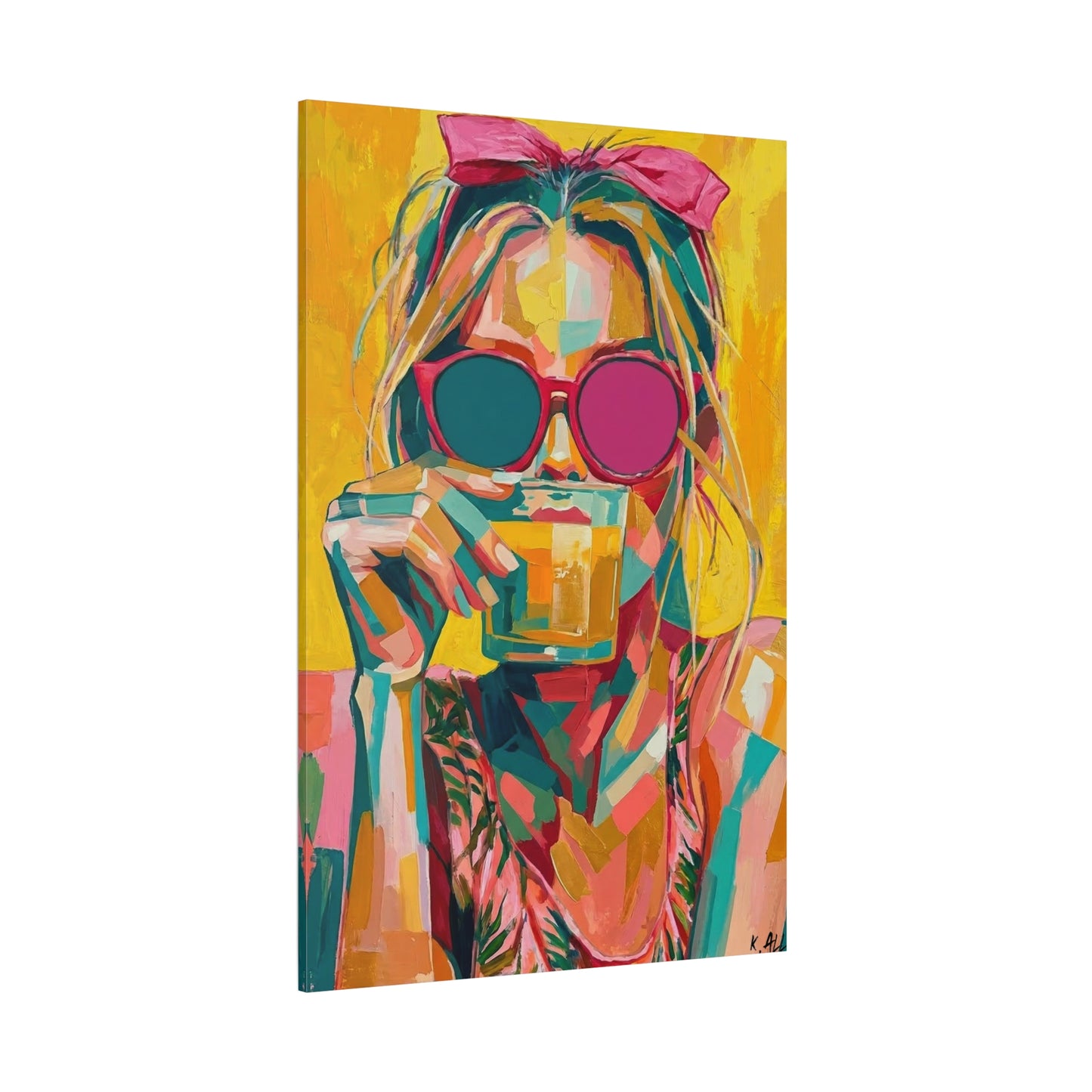 Colorful Pop Art Woman Drinking Canvas Wall Art
