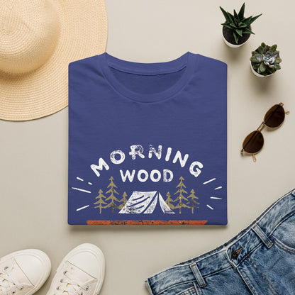 Camping T-Shirt — "Morning Wood" Tent & Pine Tree Outdoor Graphic Tee