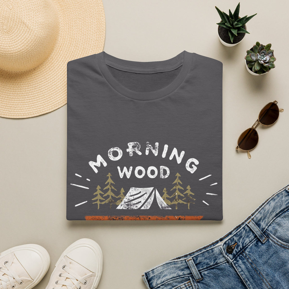 Camping T-Shirt — "Morning Wood" Tent & Pine Tree Outdoor Graphic Tee