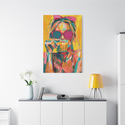 Colorful Pop Art Woman Drinking Canvas Wall Art