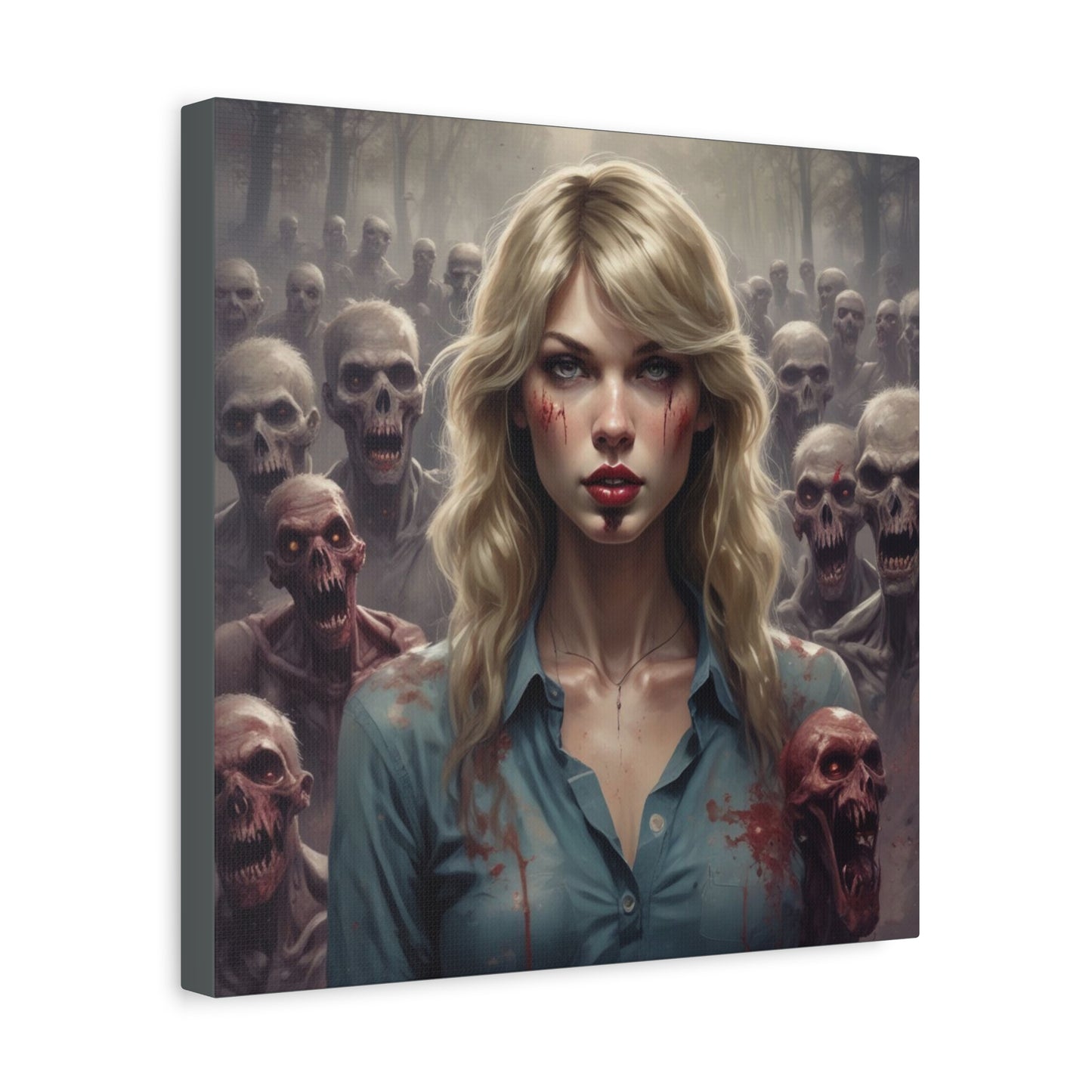 Zombie Swift Matte Canvas Print — Horror Wall Art, Blonde Survivor Surrounded by Undead