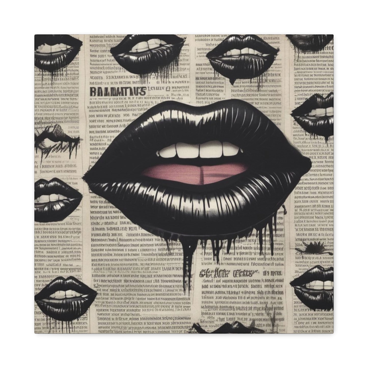 Black Drip Lips Canvas Wall Art — Vintage Newspaper Pop Art