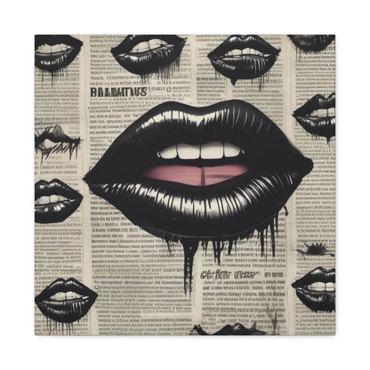 Black Drip Lips Canvas Wall Art — Vintage Newspaper Pop Art