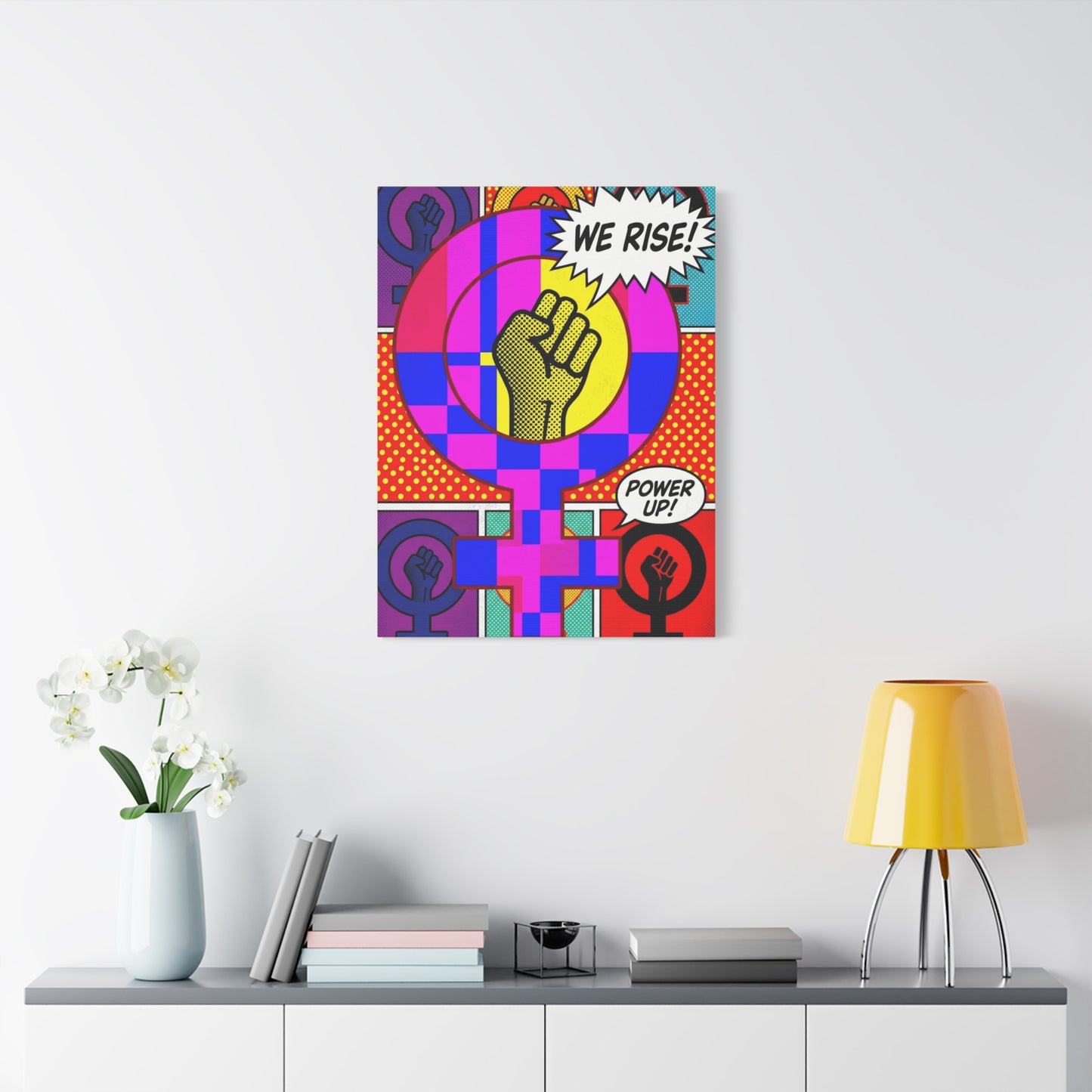 Feminist Pop Art Canvas — "We Rise!" Stretched Matte Wall Art