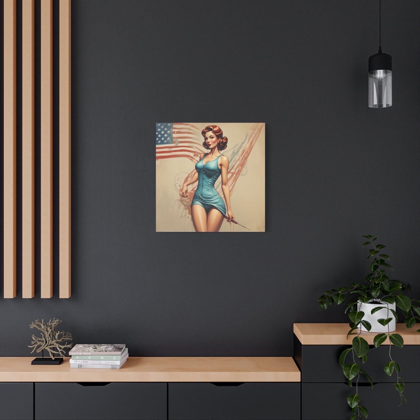 Retro Pin-Up Canvas Wall Art — Vintage American Flag Pinup Matte Stretched 1.25"