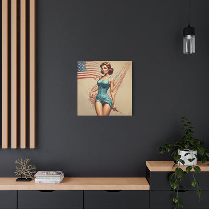 Retro Pin-Up Canvas Wall Art — Vintage American Flag Pinup Matte Stretched 1.25"