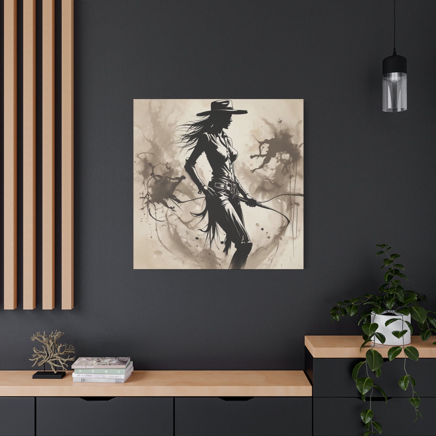 Cowgirl Silhouette Canvas Art – Western Whip Poster on Matte Stretched Canvas