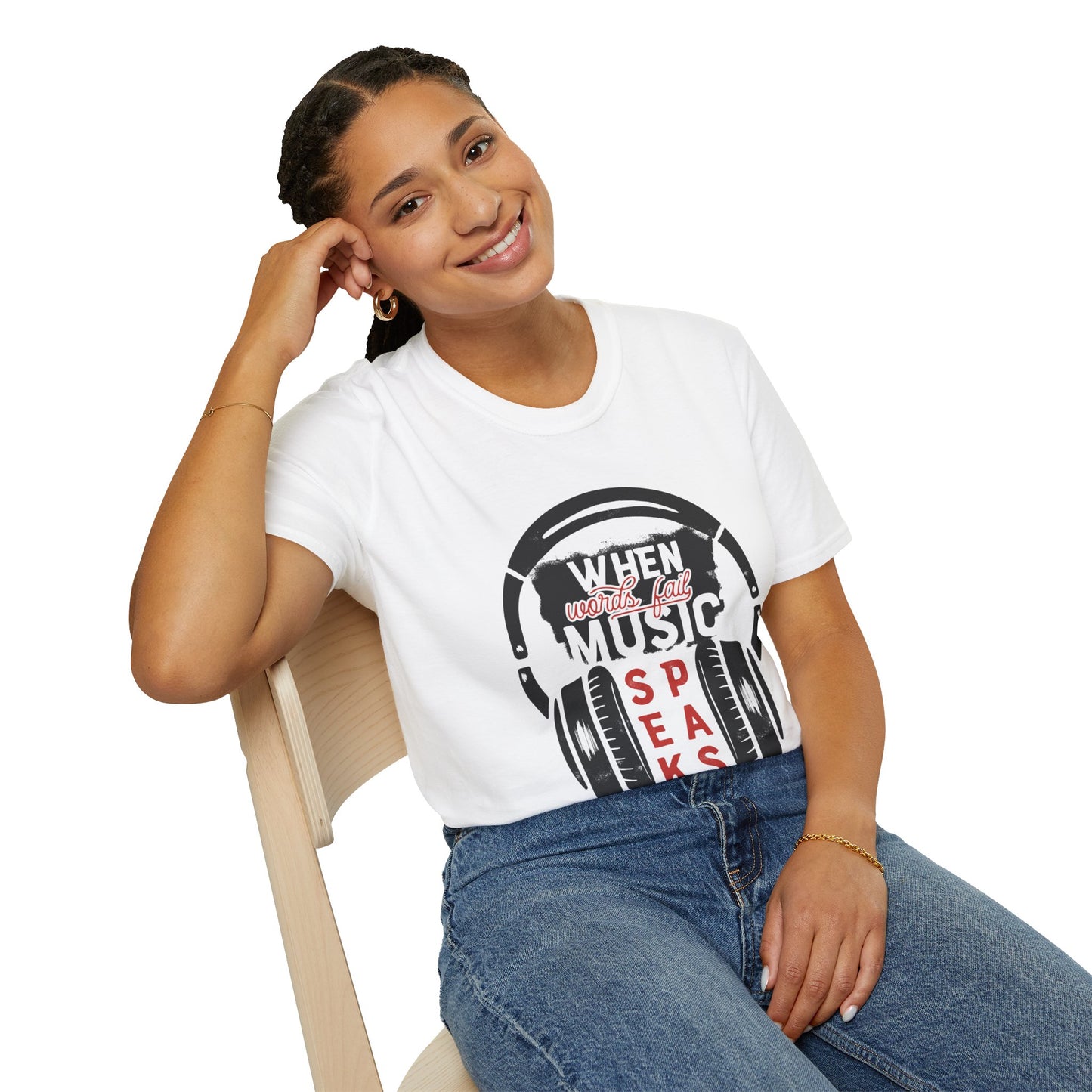 Music Speaks Headphones T-Shirt — "When Words Fail Music Speaks" Graphic Tee