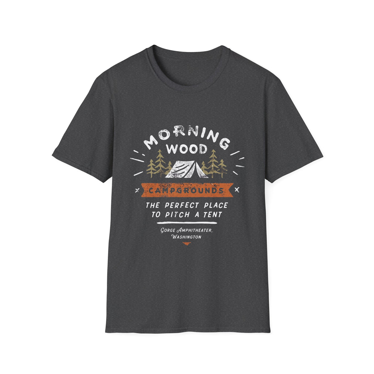 Camping T-Shirt — "Morning Wood" Tent & Pine Tree Outdoor Graphic Tee