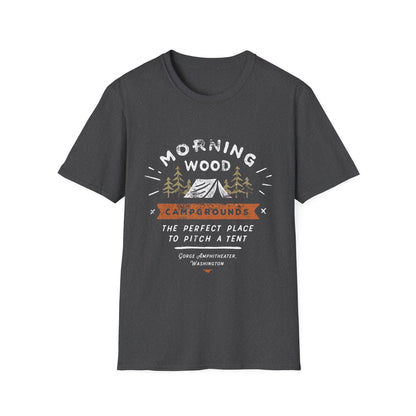 Camping T-Shirt — "Morning Wood" Tent & Pine Tree Outdoor Graphic Tee