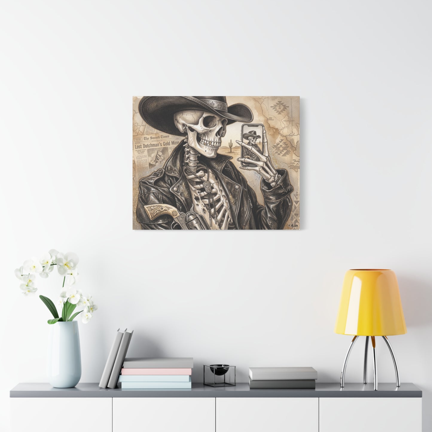Skeleton Cowboy Canvas Print — Western Skull Selfie Wall Art (Matte Stretched)