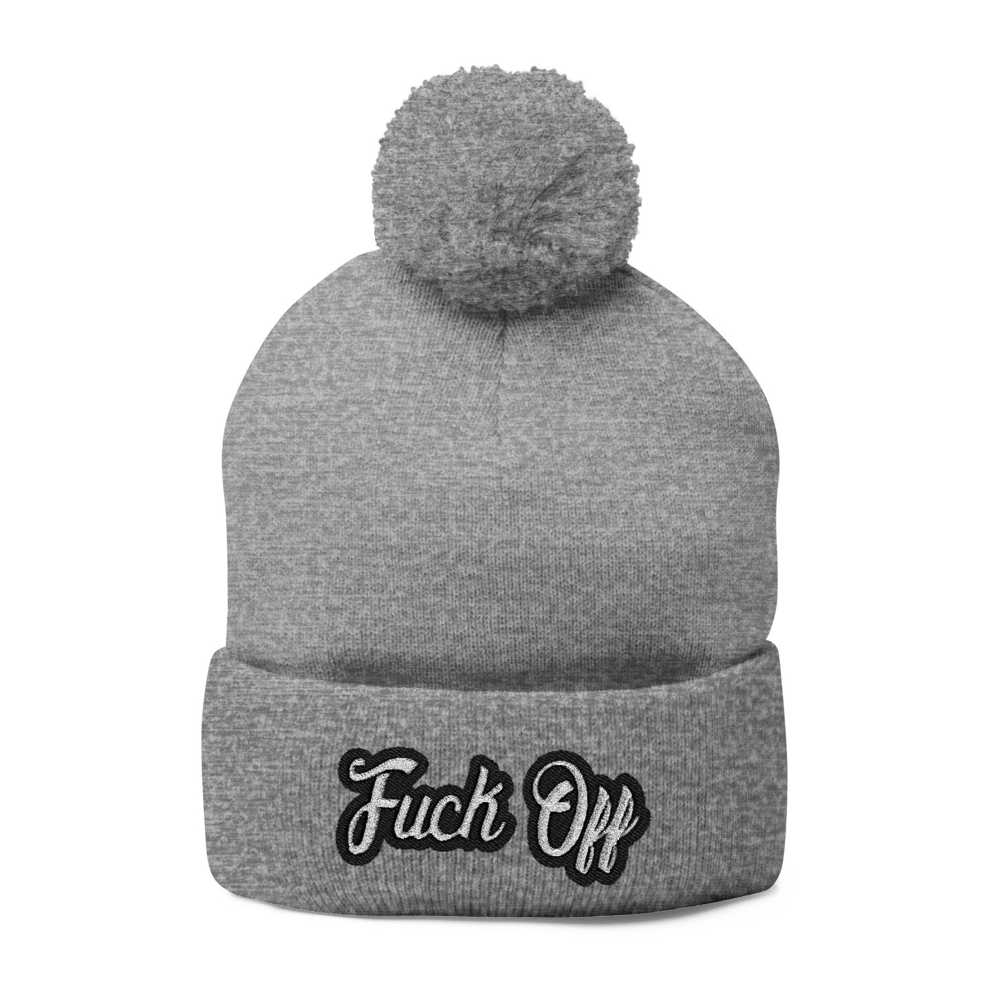 Embroidered 'Fuck Off' Pom-Pom Beanie - Knit Winter Hat