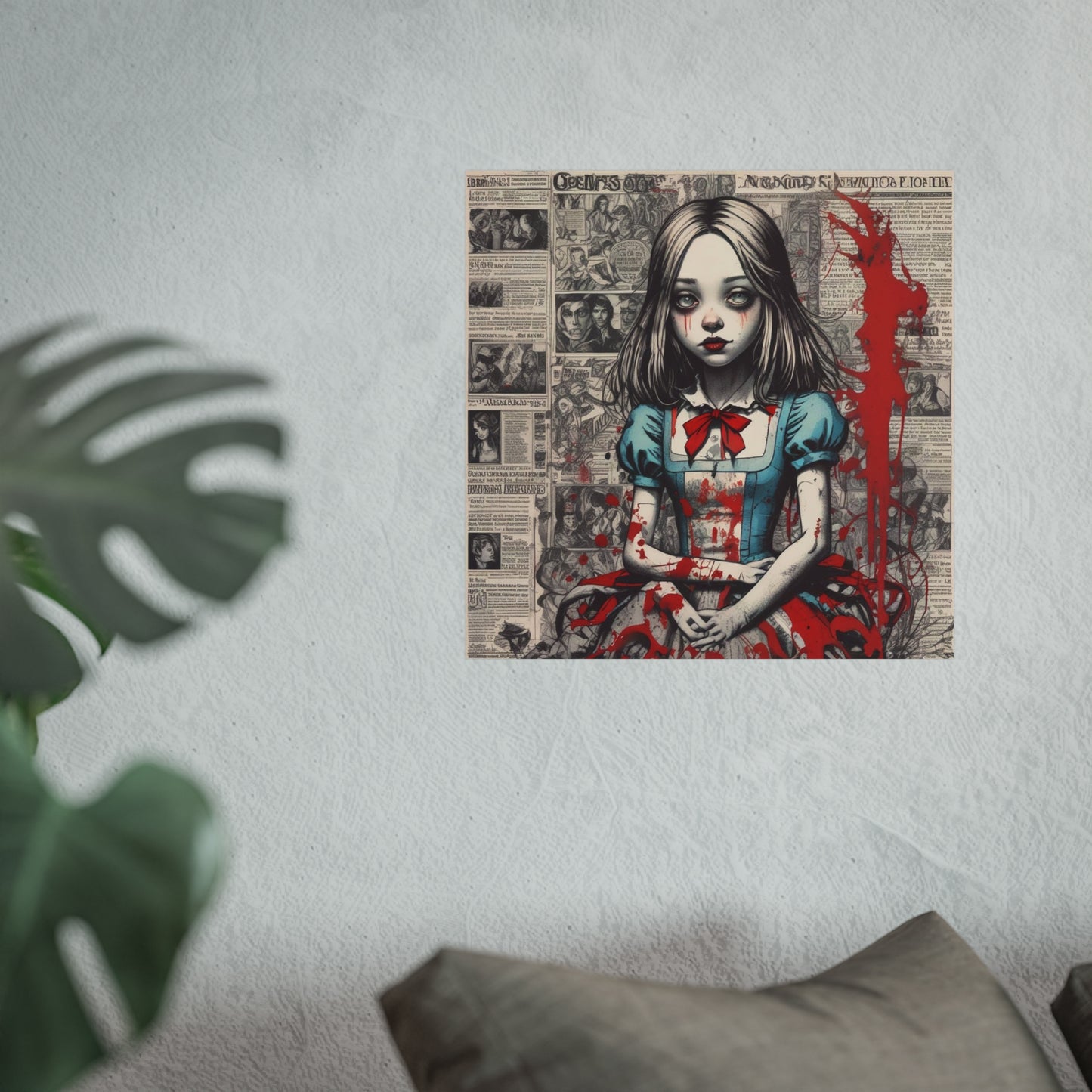 Gothic Alice Fine Art Print — Dark Vintage Newspaper Collage with Blood-Splatter