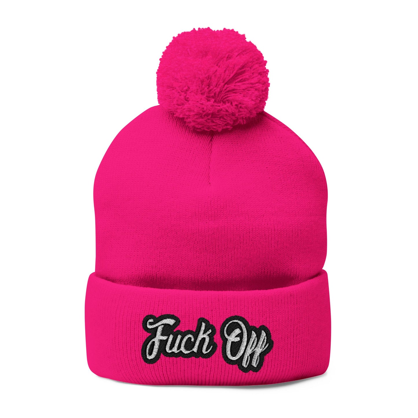 Embroidered 'Fuck Off' Pom-Pom Beanie - Knit Winter Hat