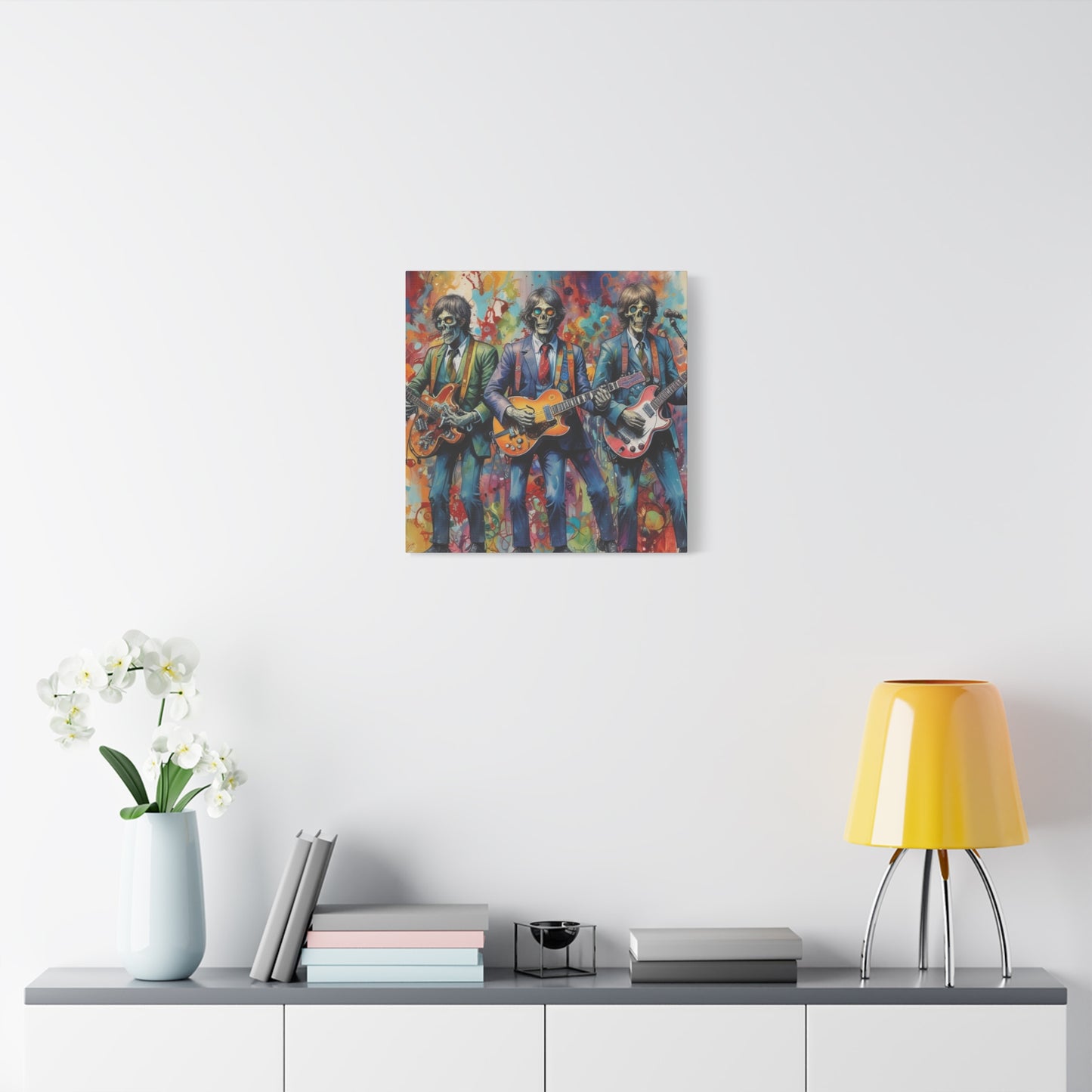 Rock Skeleton Band Canvas Print — Colorful Guitarist Wall Art