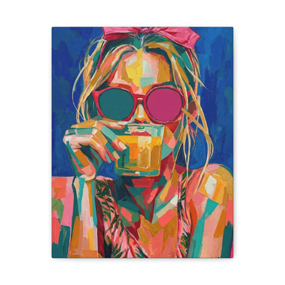 Colorful Pop Art Woman Drinking Canvas Wall Art - Blue