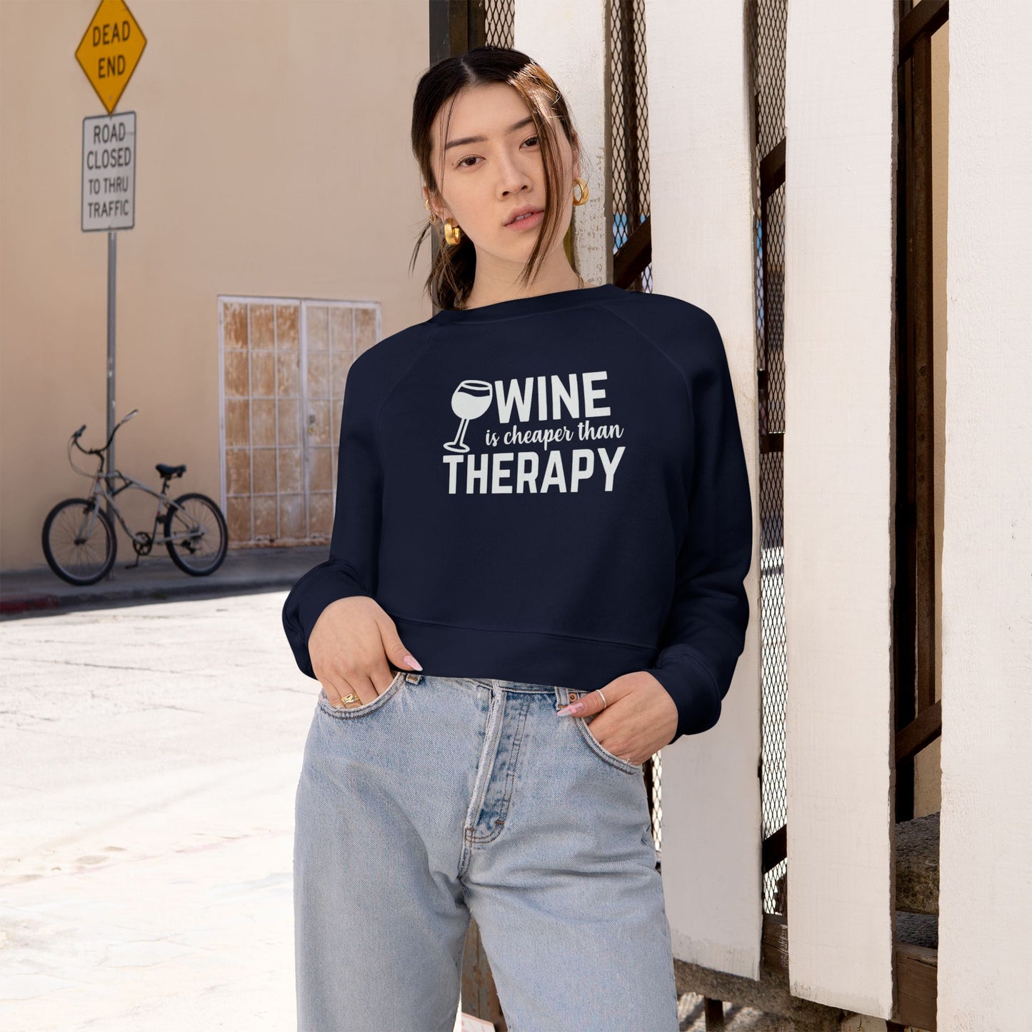 Cropped Pullover — "Wine Is Cheaper Than Therapy" Women’s Crop Sweatshirt