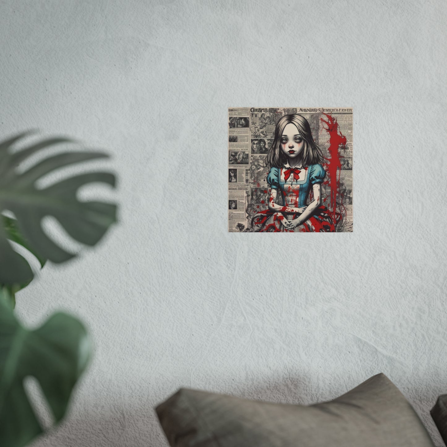 Gothic Alice Fine Art Print — Dark Vintage Newspaper Collage with Blood-Splatter
