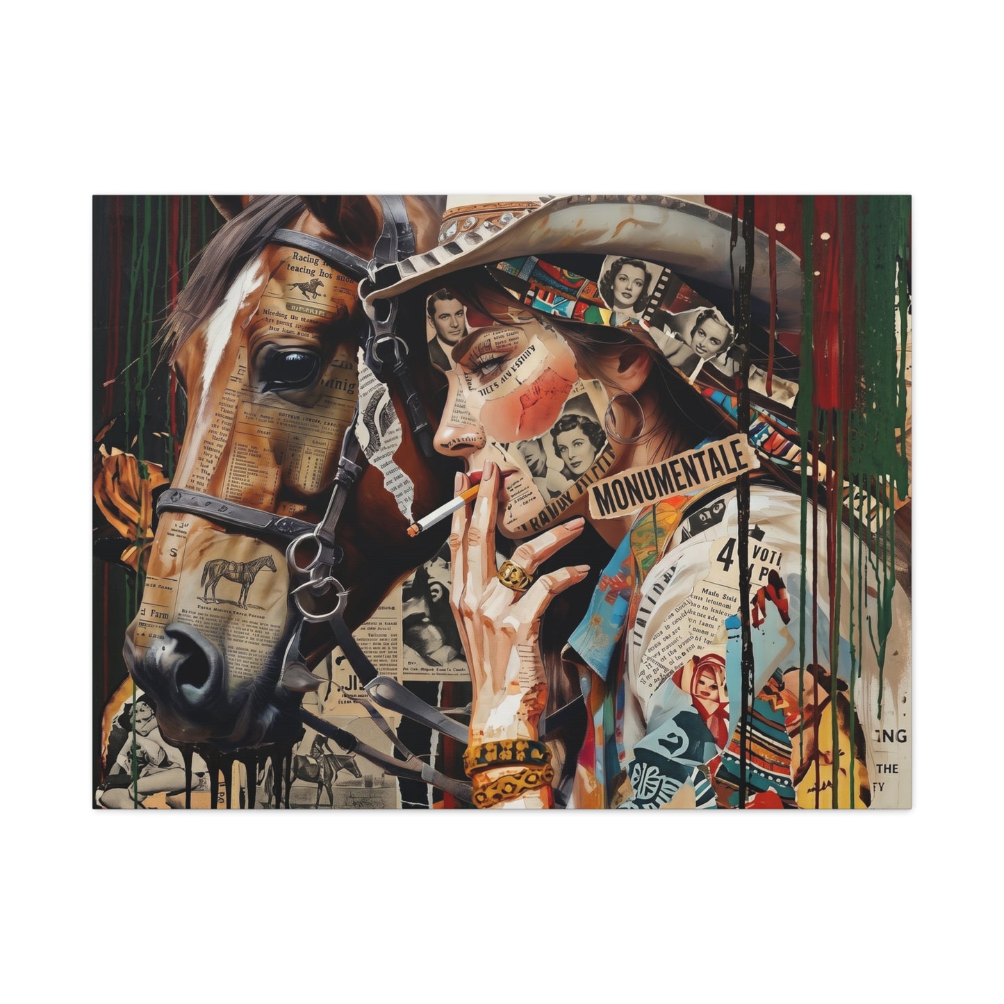 Western Collage Horse & Cowgirl Matte Canvas Wall Art - Stretched 1.25"
