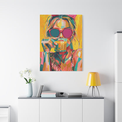 Colorful Pop Art Woman Drinking Canvas Wall Art