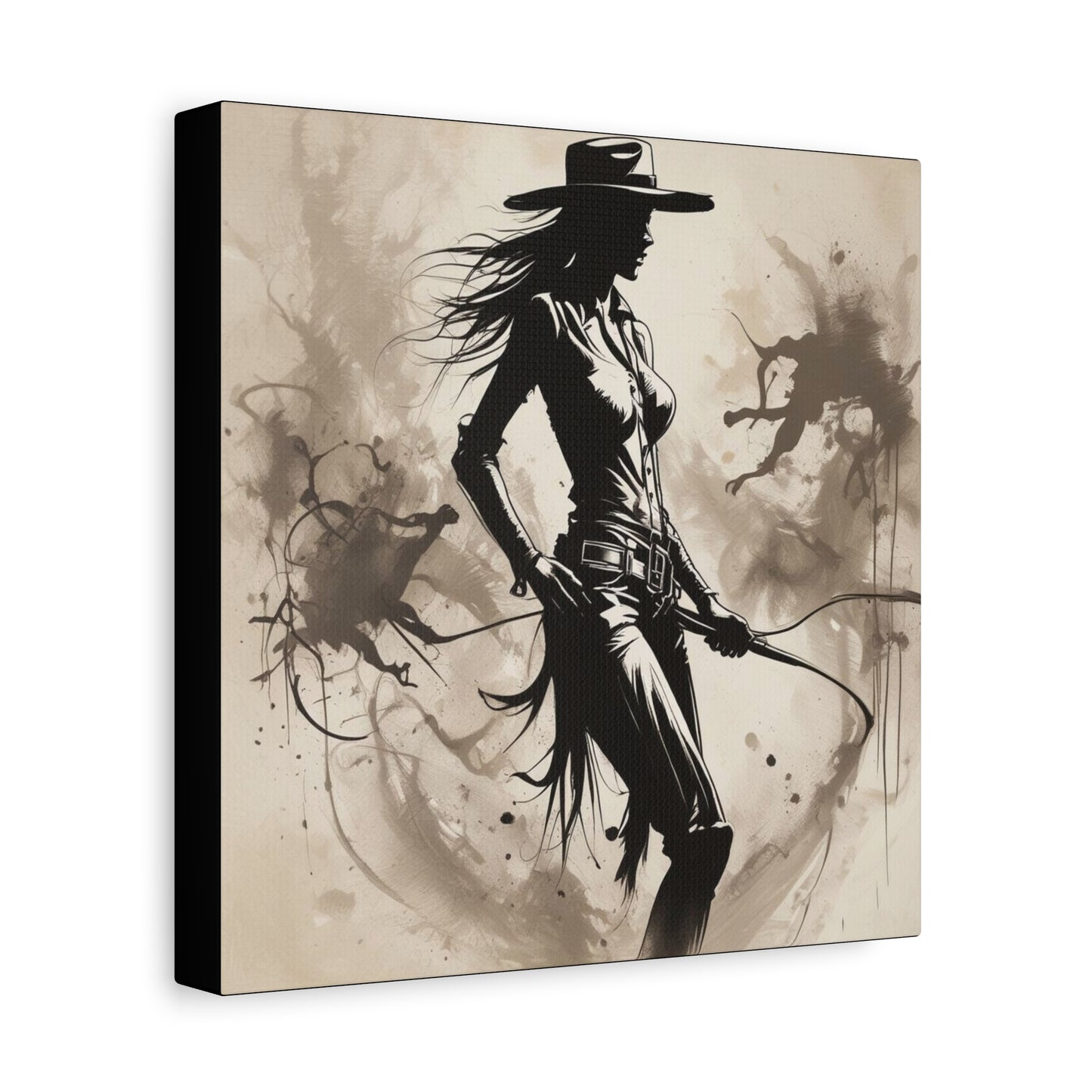 Cowgirl Silhouette Canvas Art – Western Whip Poster on Matte Stretched Canvas