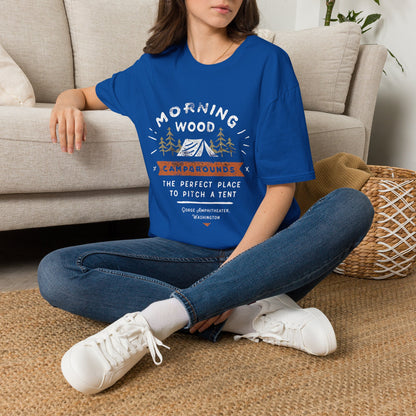 Camping T-Shirt — "Morning Wood" Tent & Pine Tree Outdoor Graphic Tee