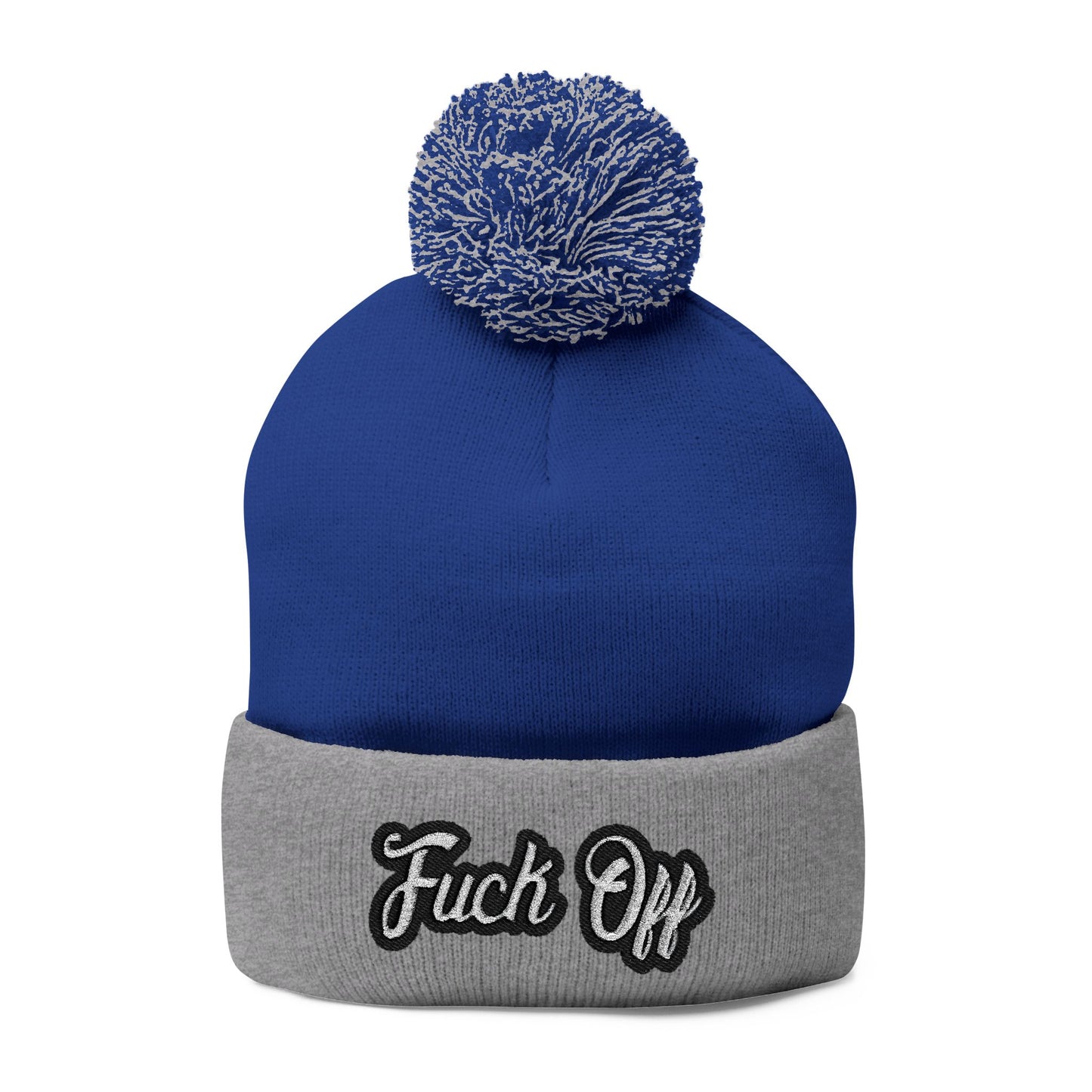 Embroidered 'Fuck Off' Pom-Pom Beanie - Knit Winter Hat
