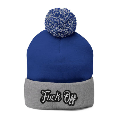 Embroidered 'Fuck Off' Pom-Pom Beanie - Knit Winter Hat