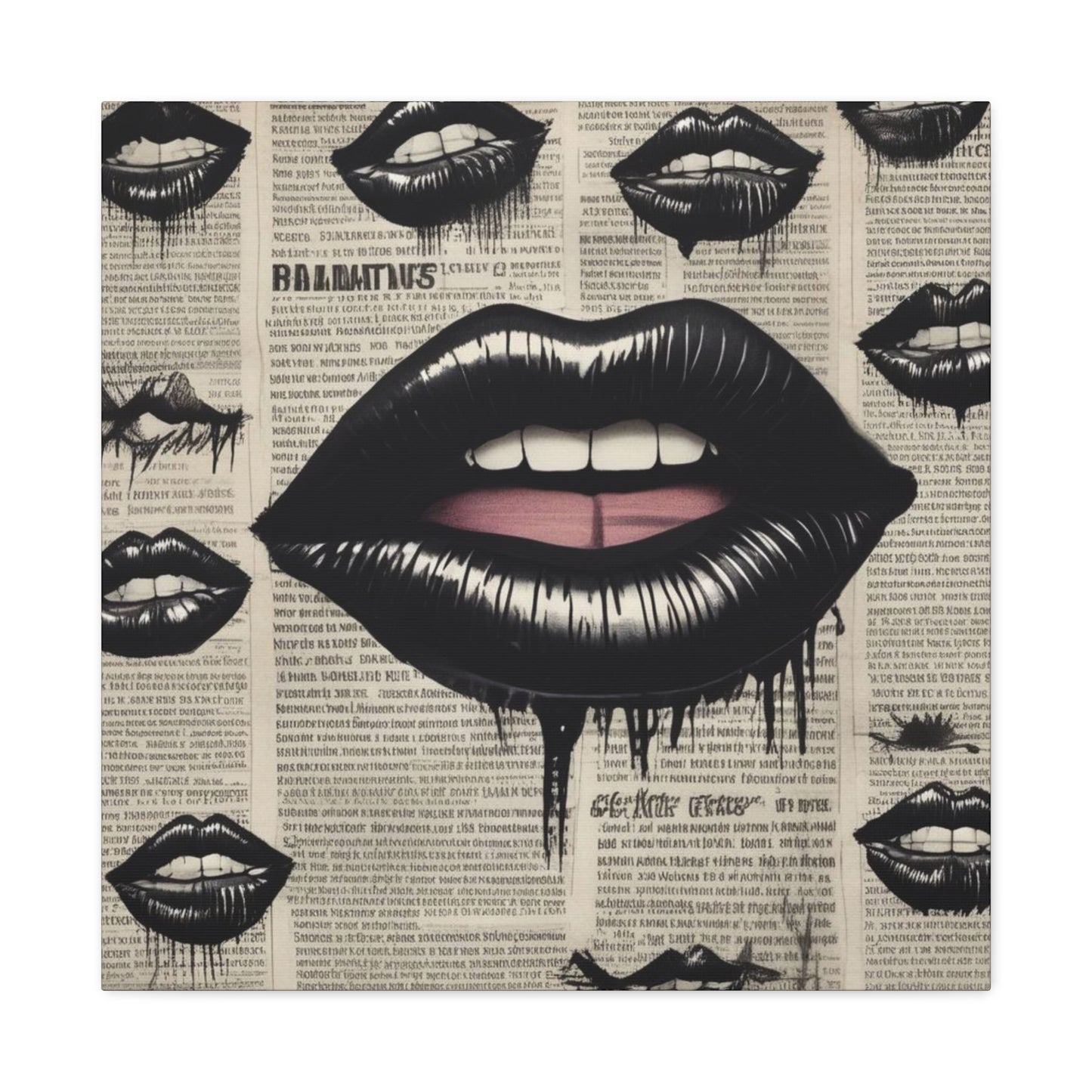 Black Drip Lips Canvas Wall Art — Vintage Newspaper Pop Art