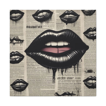 Black Drip Lips Canvas Wall Art — Vintage Newspaper Pop Art